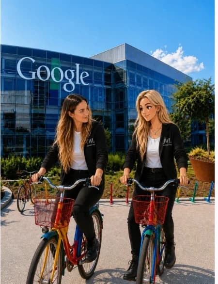 Jodie et son assistante IA JWL Marketing devant le siège de Google