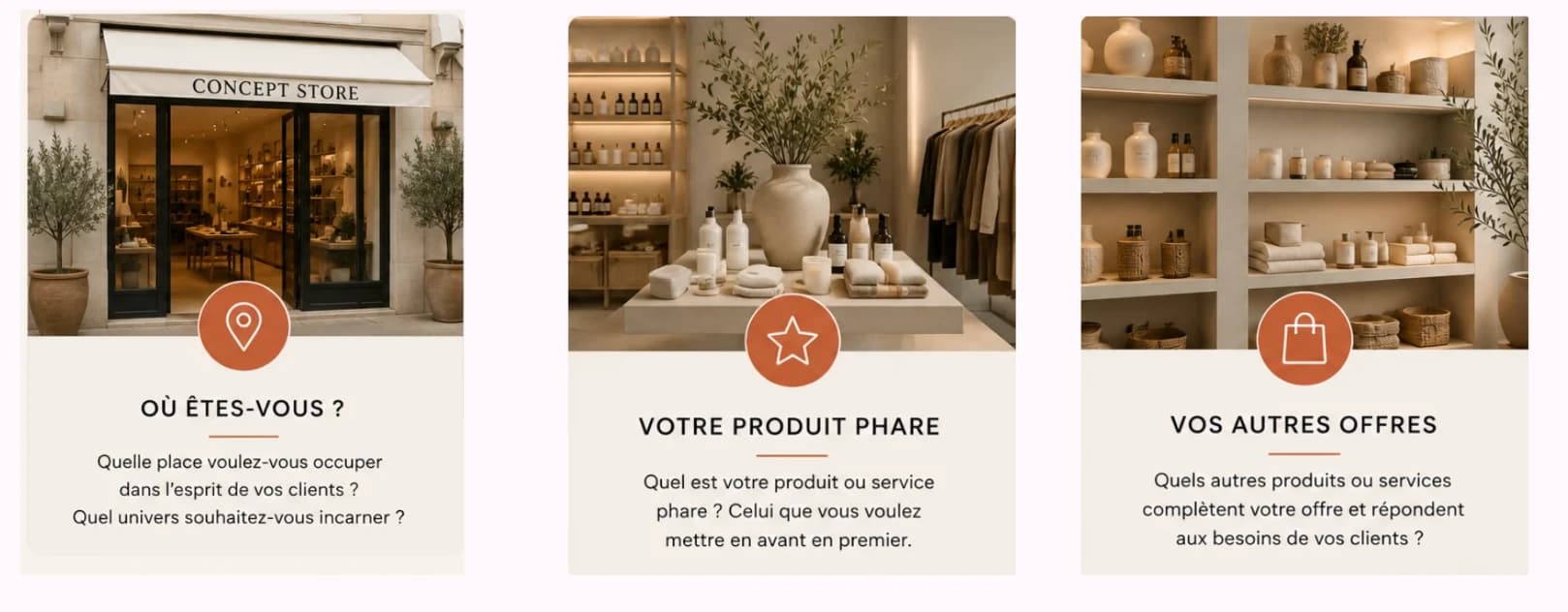 Où êtes-vous ? Votre produit phare. Vos autres offres.