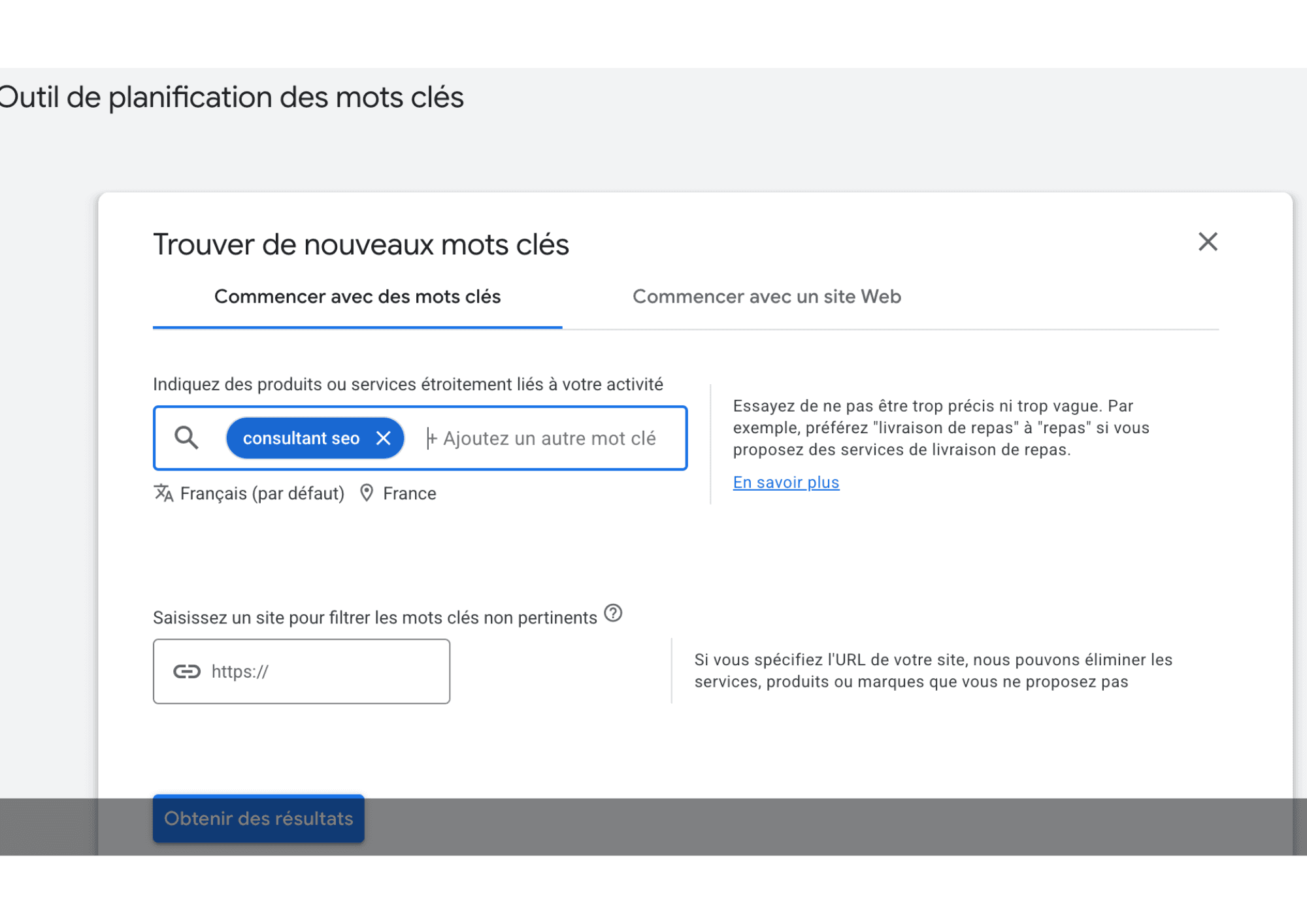 Outil de planification des mots-clés Google, sur Marseille